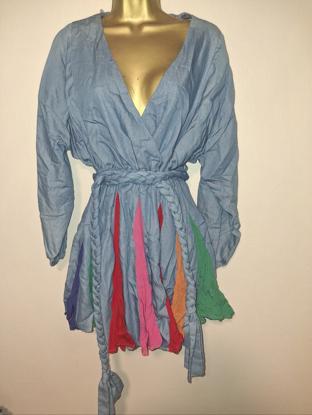 L'ATISTE Light Blue Wrap Dress with Multicolor Panel Skirt